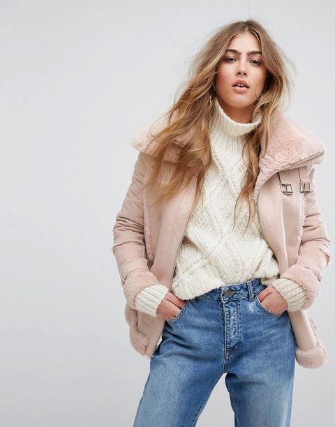 River Island - Giacca Stile Aviatore In Montone Sintetico - Rosa