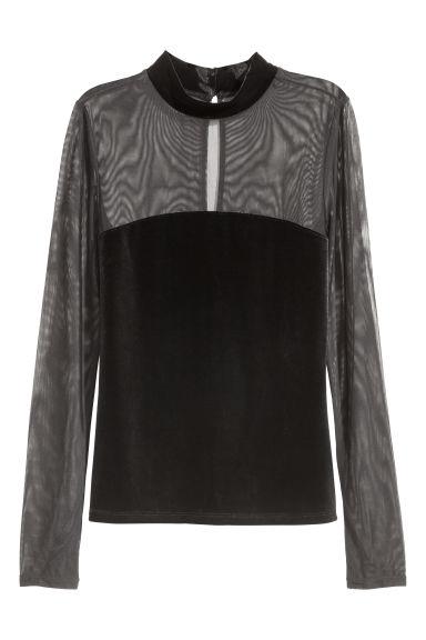 H & M - Top De Terciopelo Y Malla - Negro