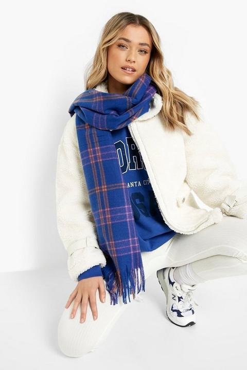 Womens Blue Check Knit Fringe Scarf - One Size, Blue