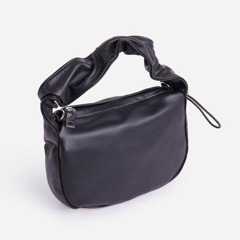 Kiera Ruched Handle Mini Shoulder Bag In Black Faux Leather,, Black