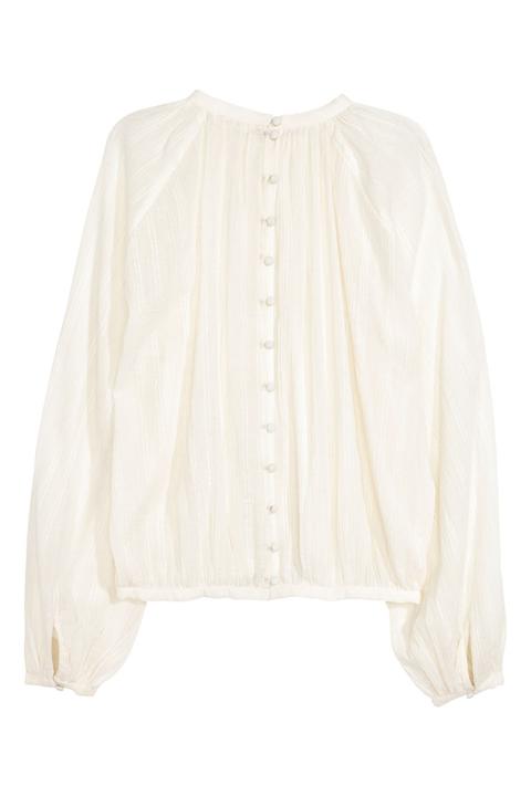 H & M - Blusa Con Mangas Globo - Blanco