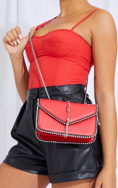 Red Pu Chain And Tassel Trim Cross Body Bag