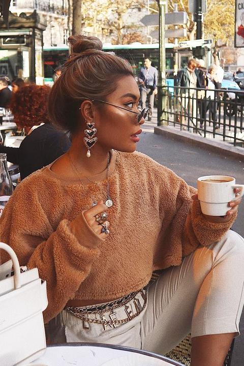 Camel Fluffy Long Sleeve Crop Jumper - Noura