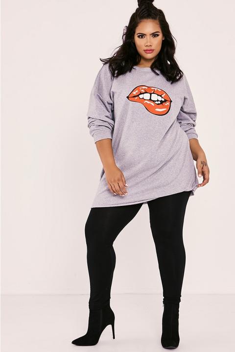 Curve Charlotte Crosby Lips Grey Oversized Jumper Dress