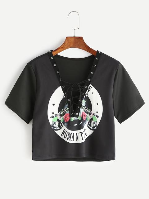 Camiseta Corta Con Estampado Cuello En V Y Cordones - Negro