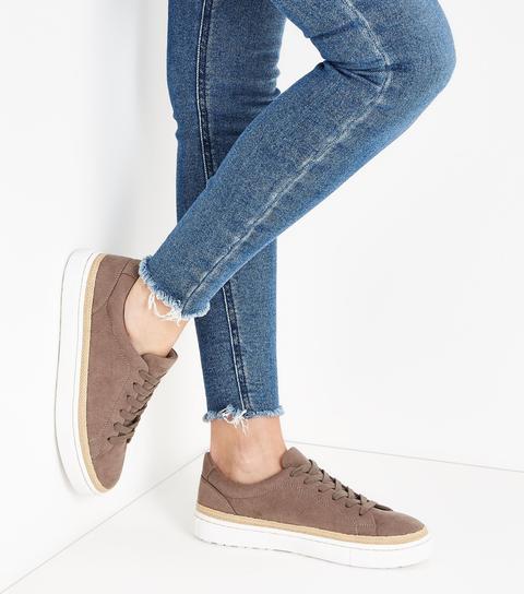 Light Brown Suedette Straw Trim Flatform Trainers New Look