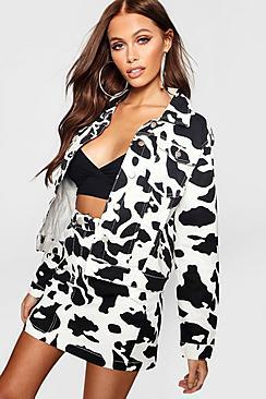 Cow Print Cropped Denim Jacket