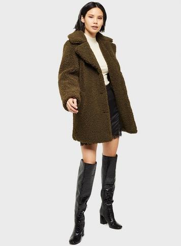 Womens Green Longline Teddy Coat, Green