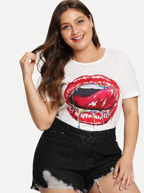 Camiseta Con Patrón De Labio De Talla Grande