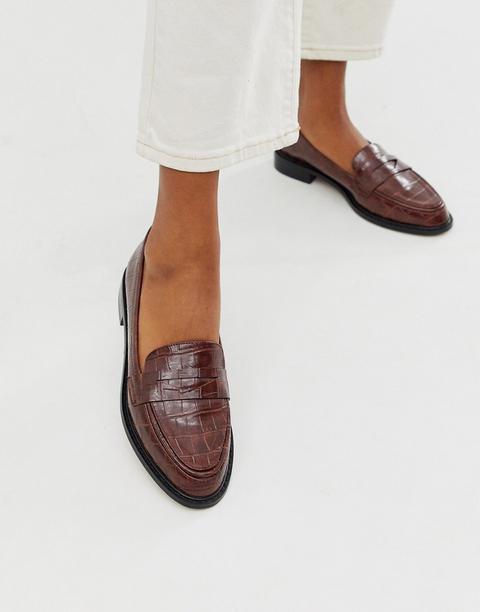 Asos Design Mantra Loafer Flat Shoes In Brown Croc