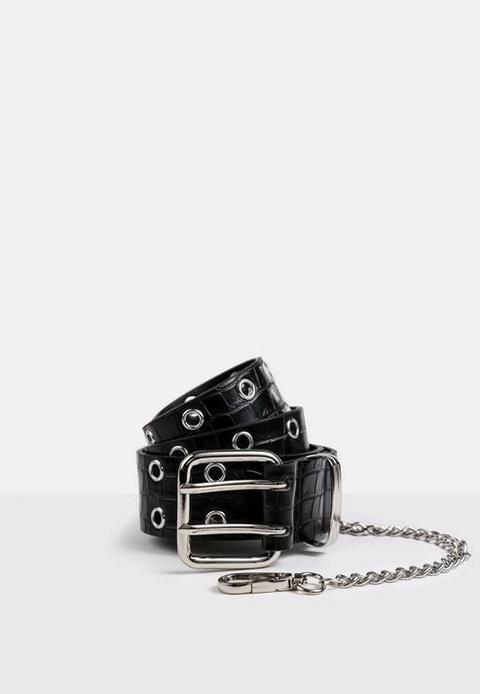 Black Double Eyelet Chain Detail Belt, Black