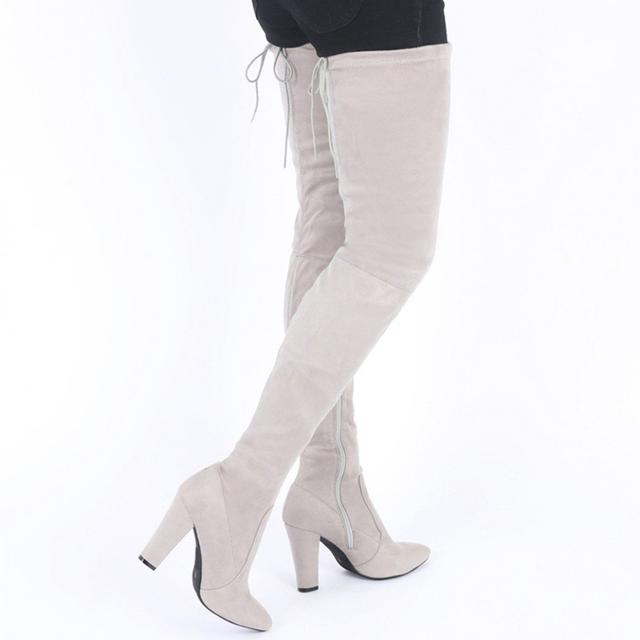 grey suede thigh high heel boots