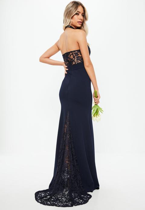 Bridesmaid Navy Halterneck Lace Insert Fishtail Dress