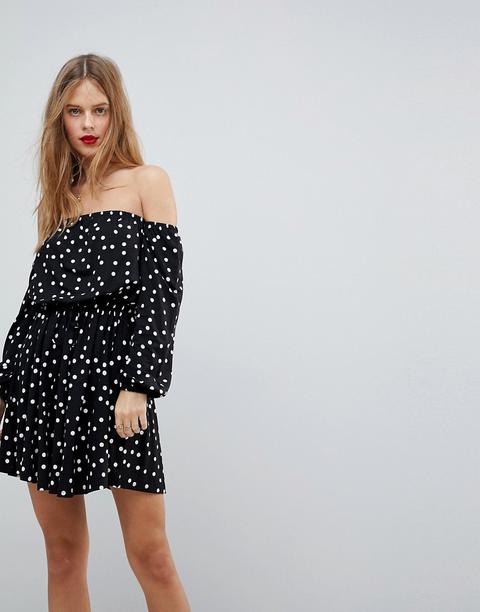 Asos - Vestitino Stile Bardot A Pieghe E A Pois Con Maniche Lunghe - Multicolore