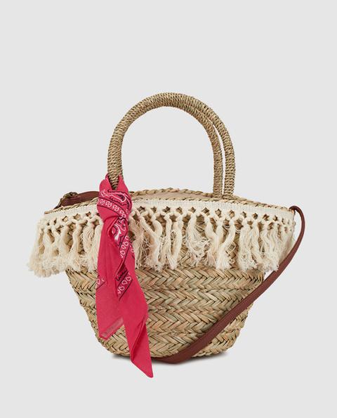 Easy Wear - Capazo Mini De Paja Trenzada En Natural Con Flecos Beige