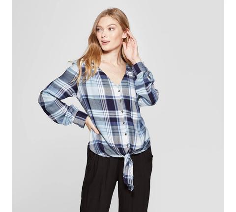 Women's Plaid Long Sleeve Tie Front Top - Knox Rose™ Blue