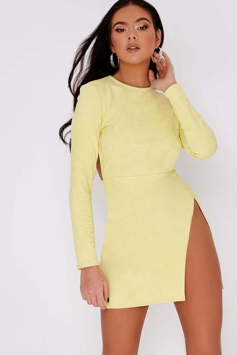 Yellow Dresses - Pia Mia Yellow Faux Suede Cut Out Back Mini Dress