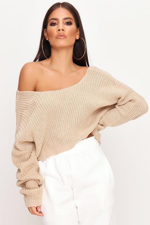 Stone Knitted V Back Cropped Jumper