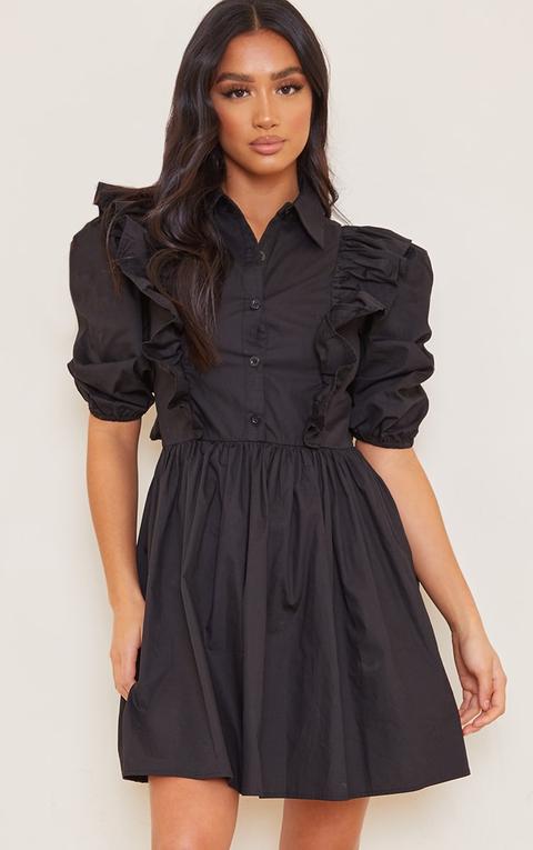 Petite Black Ruffle Detail Shirt Dress