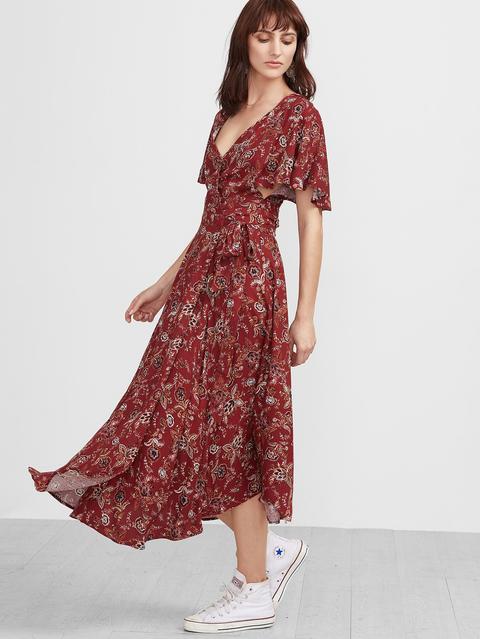 Red Florals V Neck Vintage Maxi Dress