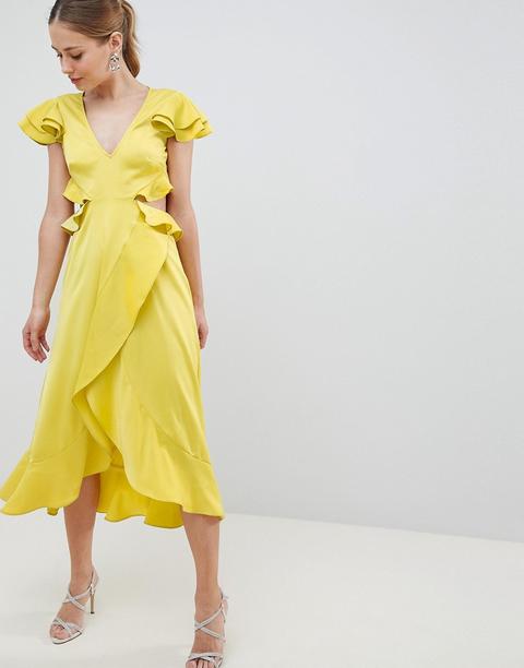 Vestido Midi Con Volantes De Satén Ondulado Con Abertura En La Parte Posterior De Asos Design