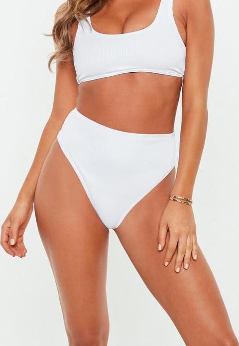 White Mix And Match Rib High Waisted High Leg Bikini Bottoms, White