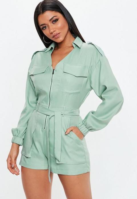 Green Utility Belted Playsuit, Green