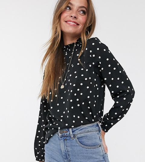 Blusa De Manga Larga A Lunares En Negro De New Look Petite