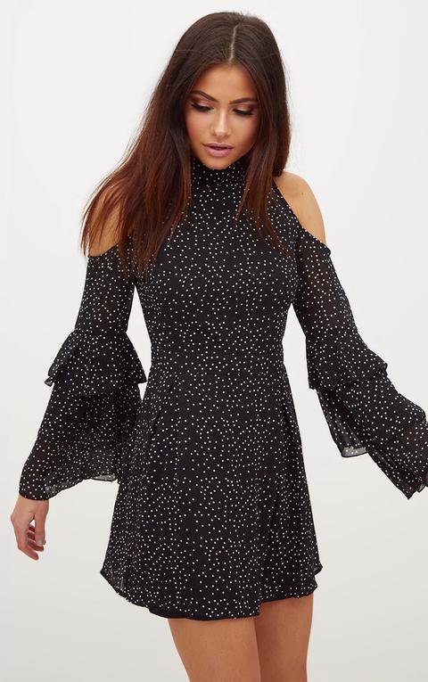 Black Polka Dot Cold Shoulder Shift Dress, Black