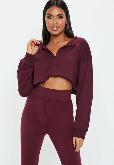 Burgundy Zip Front Crop Top, Purple