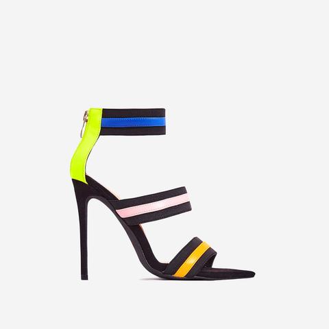 Katrina Neon Elasticated Strap Pointed Toe Heel In Black Faux Suede, Black