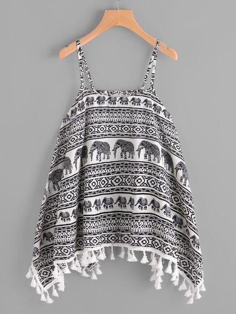 Elephant Print Fringe Trim Cami Top