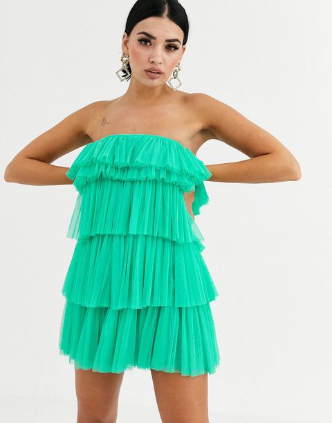 Lace & Beads Tiered Ruffle Mini Dress In Green