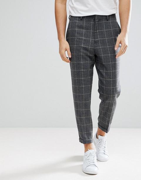 Asos - Pantaloni Stretti In Fondo In Misto Lana Grigio A Quadri - Grigio