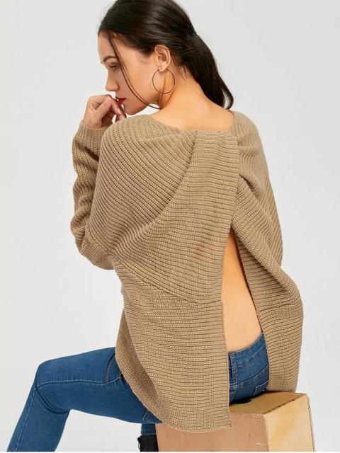 Back Slit Twist Suéter Asimétrico Suéter Khaki