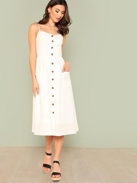 Pocket Patched Button Up Cami Dress