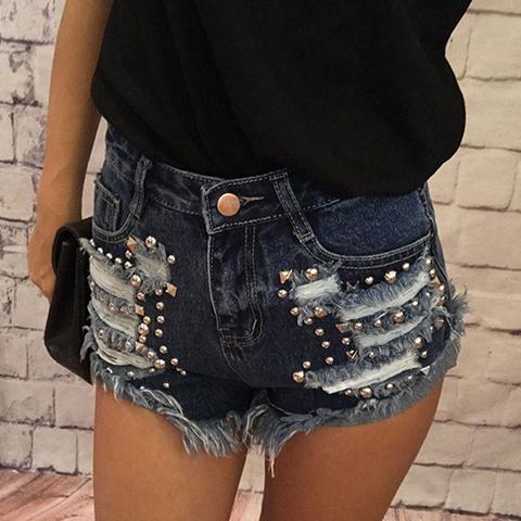 Blue Patchwork Studded Buttons Mid-rise Casual Jean Shorts