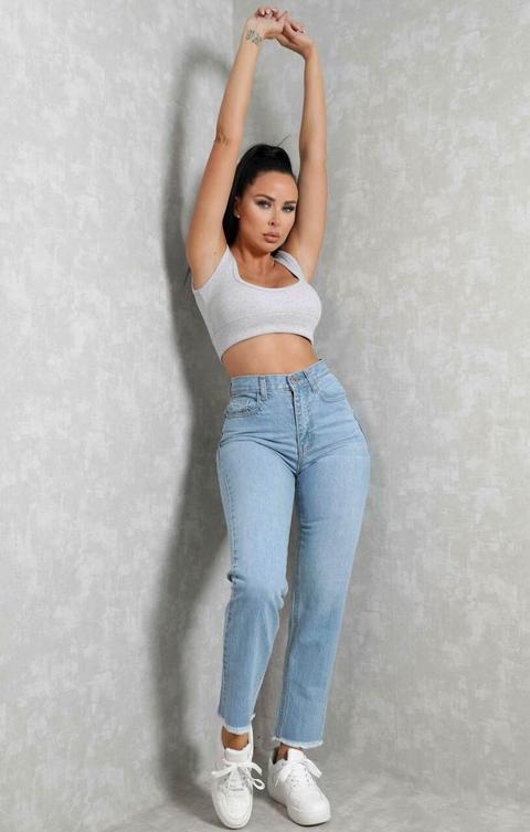 Blue Light Wash High Waisted Frayed Hem Straight Leg Denim Jeans - Odette