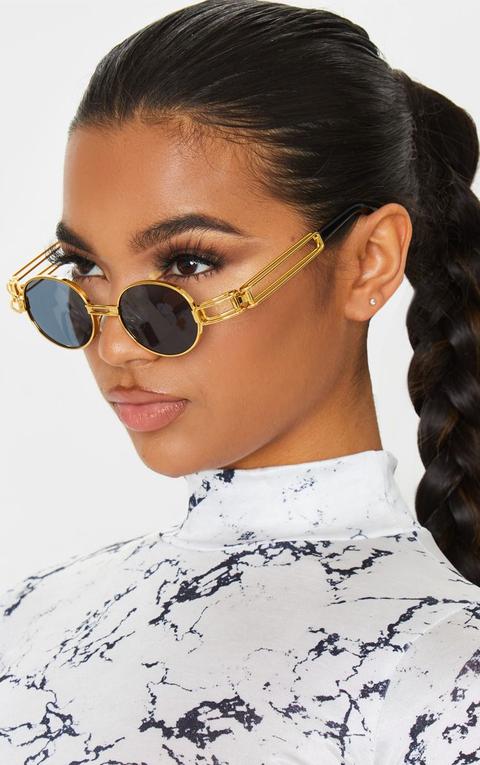 Lunettes De Soleil À Verres Noirs Et Monture Ronde Dorée, Doré