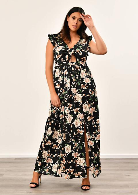 Black Long Tie Front Top Split Maxi Dress
