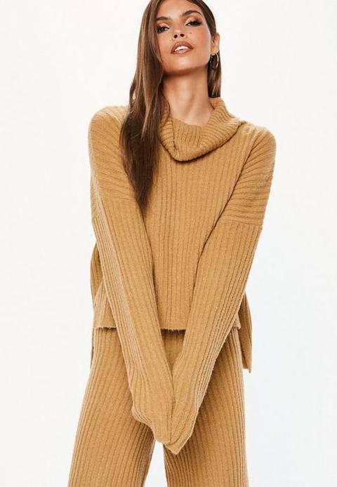 Camel Co Ord Ribbed Knitted Roll Neck Jumper, Camel