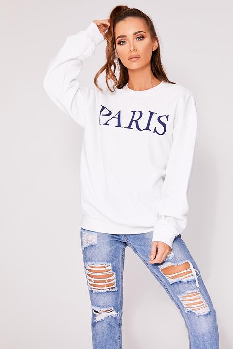 White Sweaters - Kiara White Paris Slogan Oversized Sweater