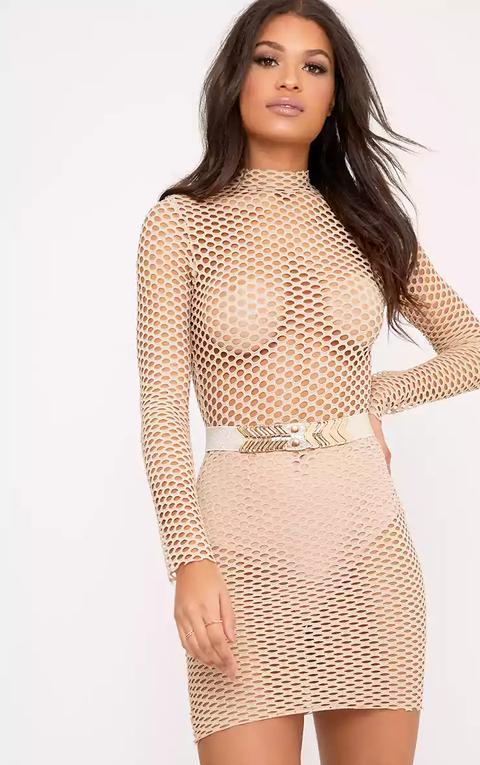 Izzie Nude Fishnet Bodycon Dress, Pink