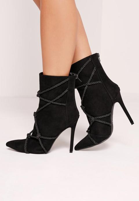 Black Faux Suede Rope Detail Heeled Ankle Boots