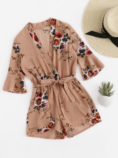 Fluted Sleeve Floral Print Surplice Romper With Belt