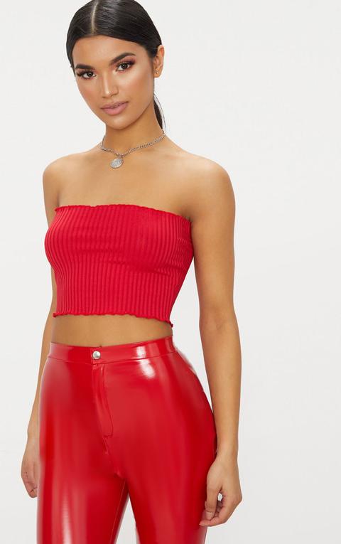 Red Rib Frill Hem Bandeau Crop Top