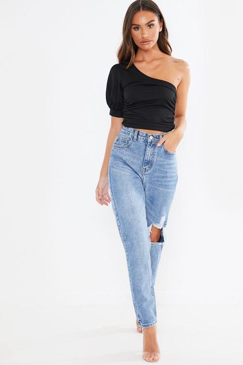 Blue Jeans - Blue Denim Distress Detail Mom Jeans