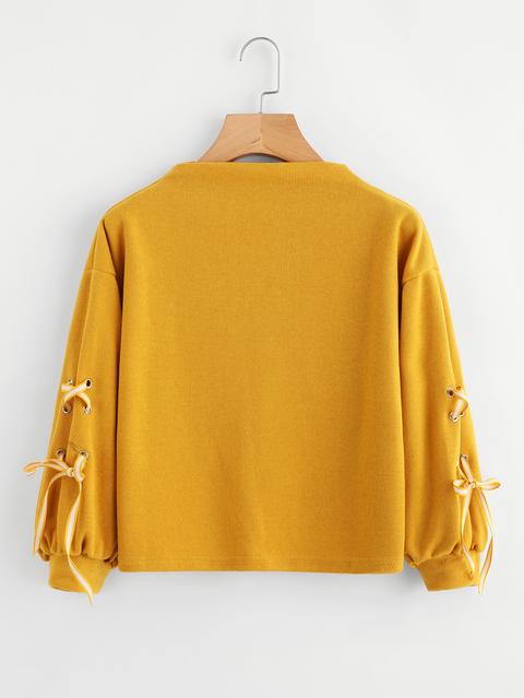 Funnel Neck Lace Up Lantern Sleeve Sweatshirt