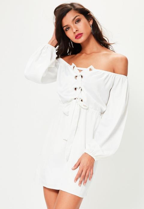 White Satin Lace Up Detail Bardot Swing Dress