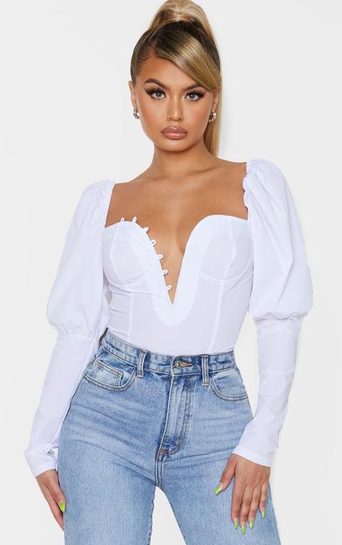 White Woven Puff Sleeve Button Loop Detail Bodysuit